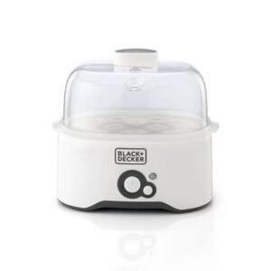 egg cooker with 6 egg rack, 2 poaching pans, dry boil protection, auto shutoff, transparent cover, easy to clean, perfect for boiled and poached eggs, 280 w eg200 b5 white